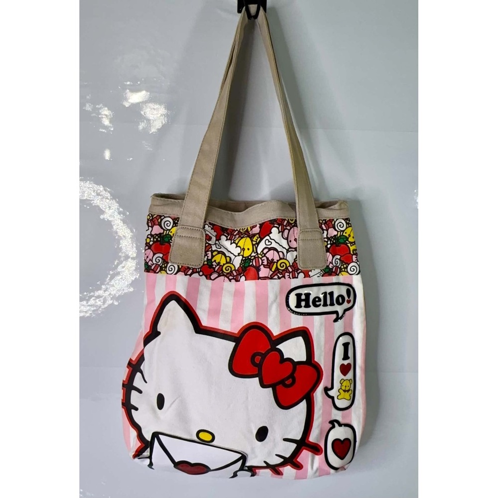 Hello Kitty Loungefly Sanrio 2010 Canvas Tote Bag Pink Candy Teddy Y2K Striped